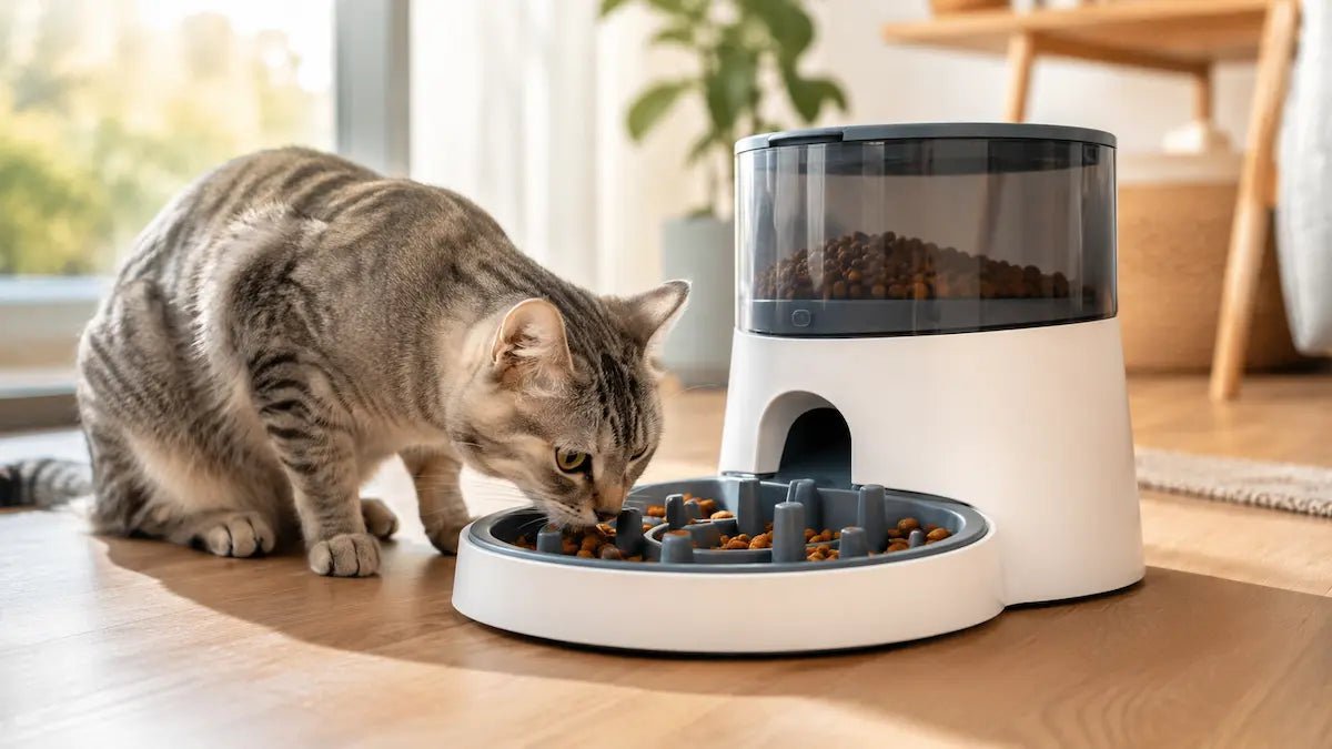 Chat glouton mangeant ses croquettes dans un distributeur adapté