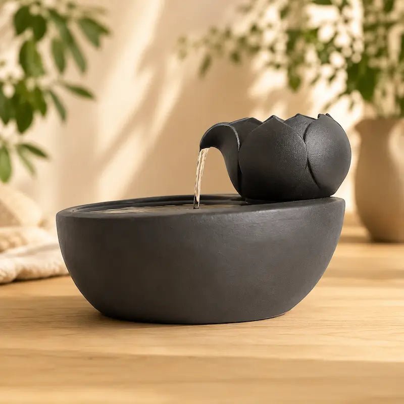 Abreuvoir chat céramique CeramiPurr noir avec jet d'eau en fleur de lotus
