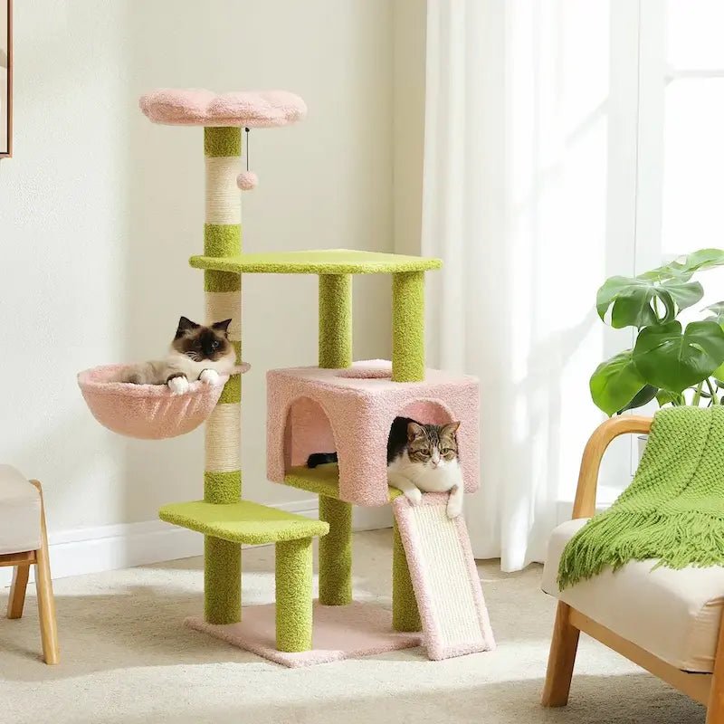 Arbre à chat 120 cm Chatizon rose et vert avec hamac, niche et rampe griffoir