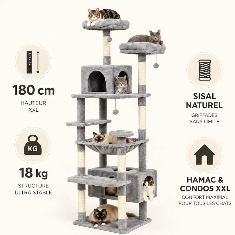 Arbre à chat 180 cm Catéma : structure de 18 kg, sisal naturel, hamac et condos XXL