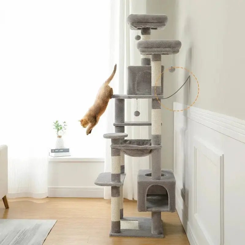 Chat qui saute sur l'arbre à chat 180 cm fixé au mur par sangle de sécurité