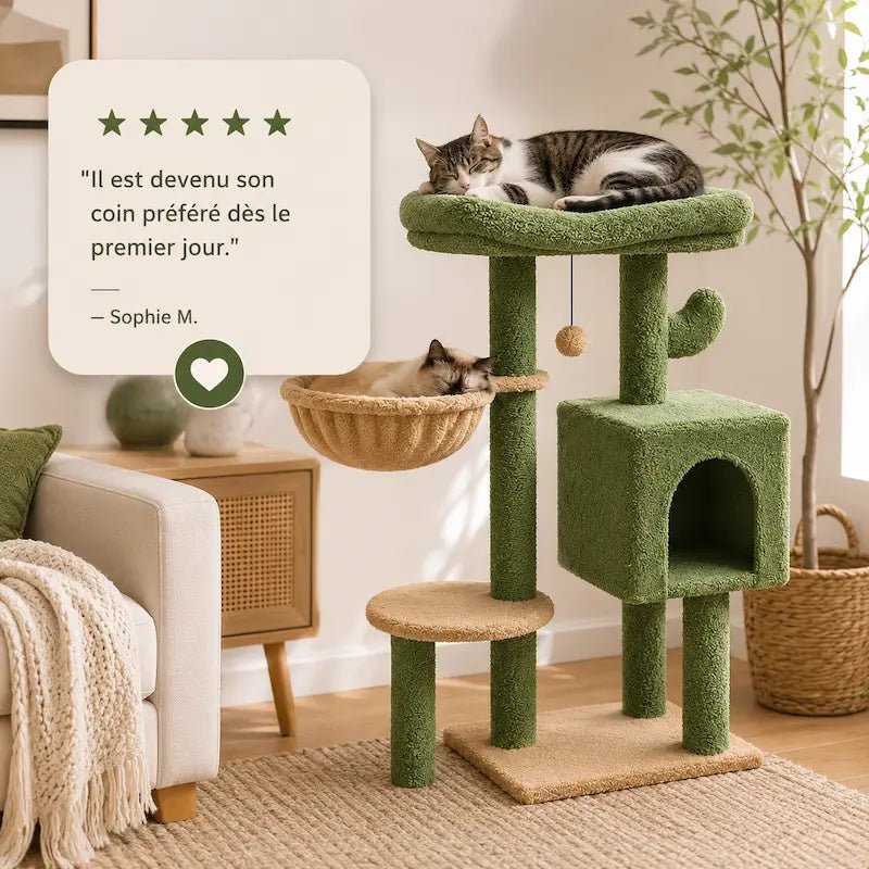 Chats sur le perchoir et dans le hamac de l'arbre à chat 90 cm, avis client