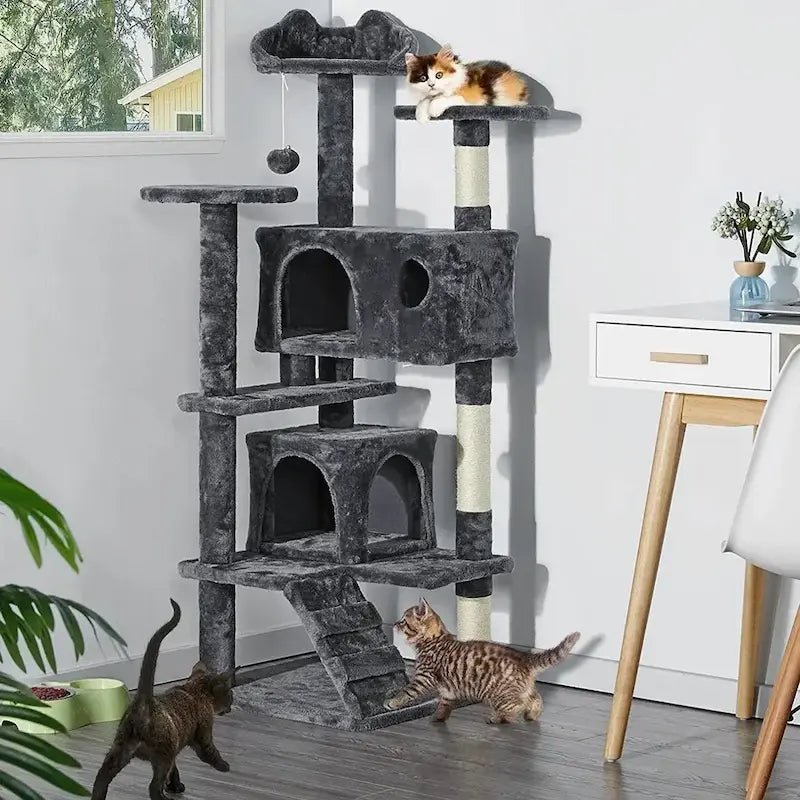 Arbre à chat avec échelle Catitude gris foncé avec deux niches, plateformes et chatons