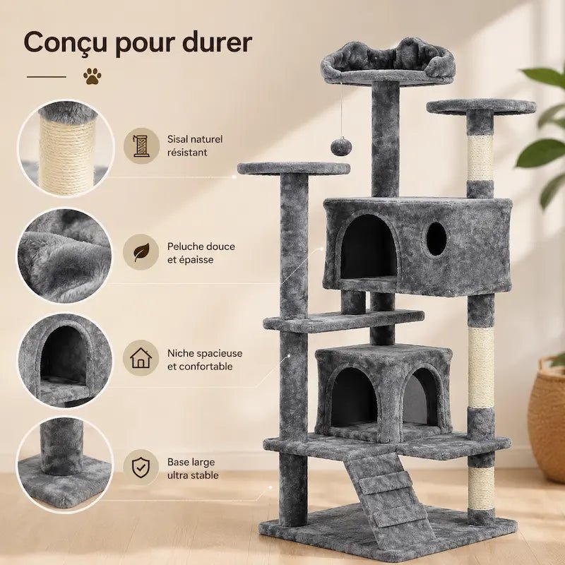 Arbre à chat avec échelle : sisal naturel, peluche épaisse, niches spacieuses et base large