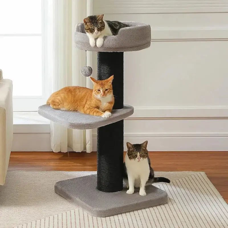Arbre à chat avec griffoir ChatZen gris et noir, trois chats sur les plateformes