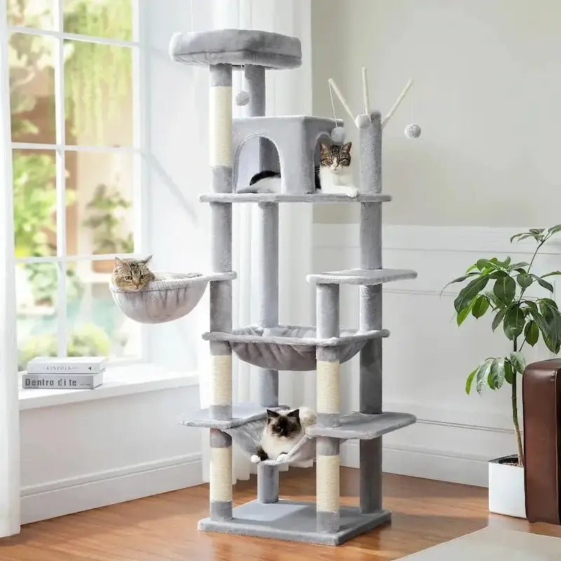 Arbre à chat avec hamac Féliko gris 7 niveaux avec niche, hamacs et chats