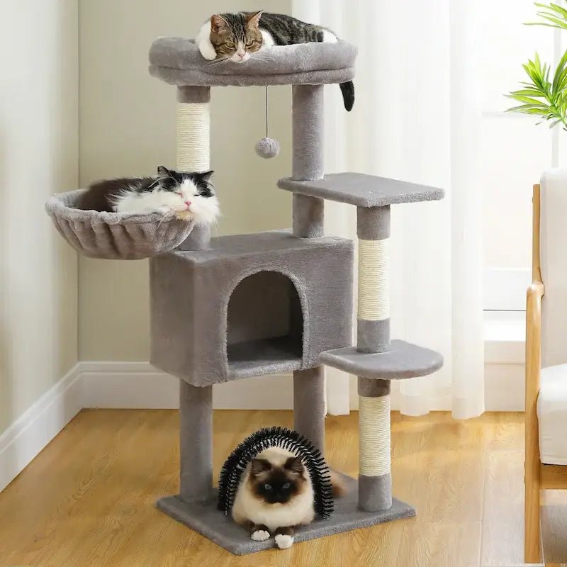 Arbre à chat avec jouet Furrya gris, chats sur le perchoir, dans le panier et sous l'arche