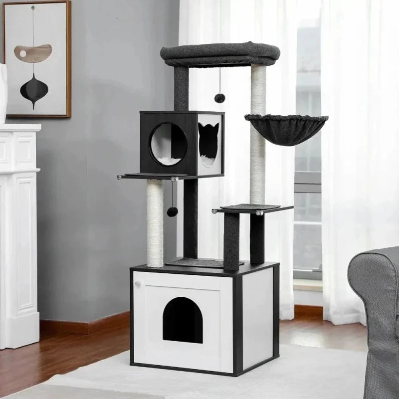 Arbre à chat avec meuble cache-litière noir et blanc, niche, hamac et griffoirs