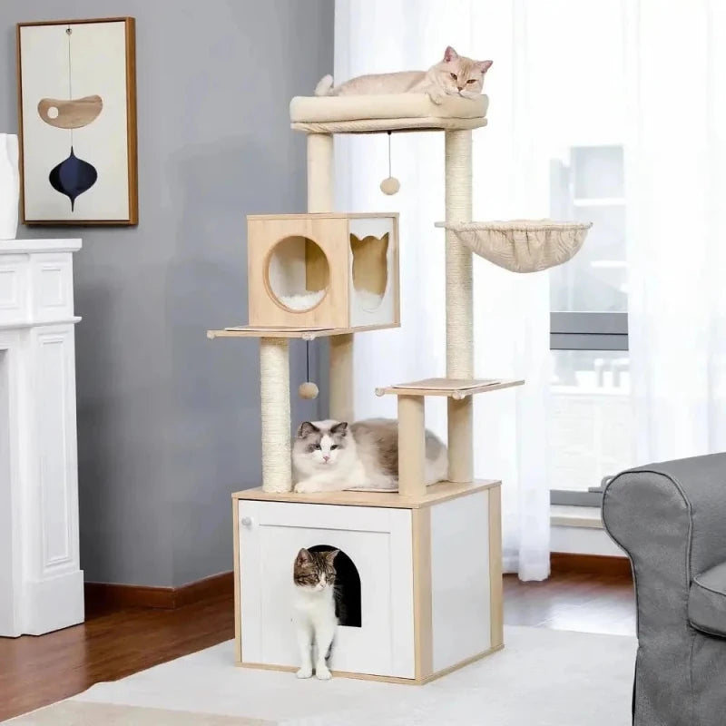 Chats sur l'arbre à chat avec litière 2 en 1 en bois clair Felikit