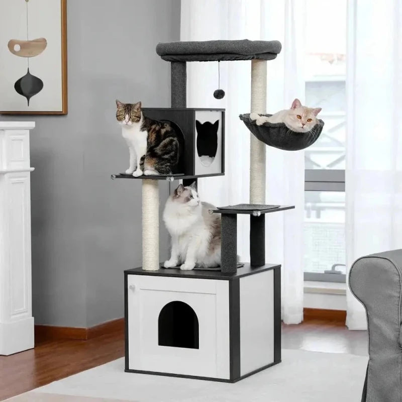Arbre à chat avec litière Felikit noir et blanc, meuble cache-litière et chats