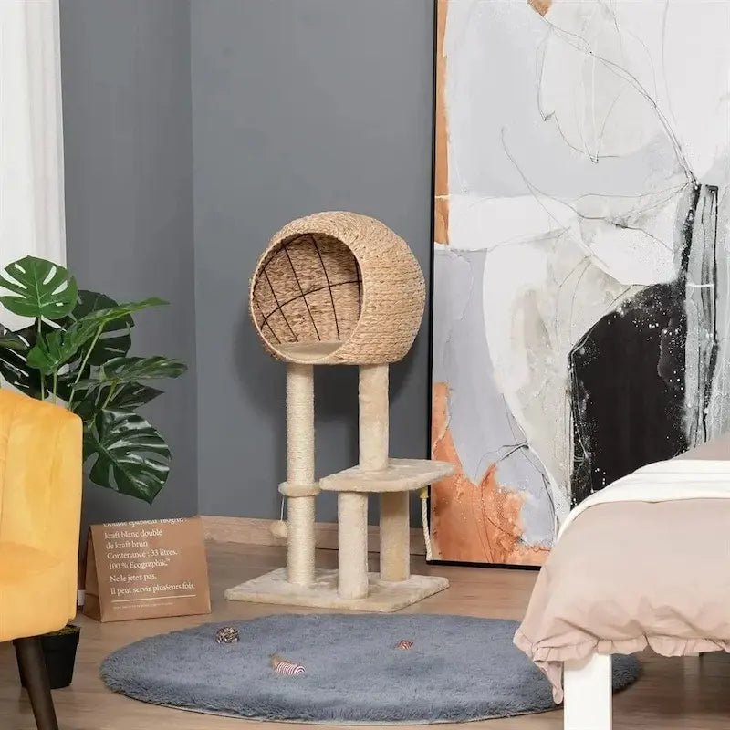 Arbre à chat avec panier Félinest : panier boule tressé sur poteaux en sisal et plateforme