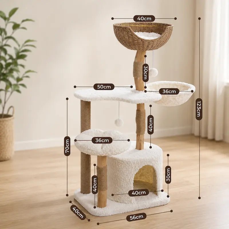 Dimensions de l'arbre à chat bois massif avec condo Felys : 123 cm de haut, base 56 × 40 cm