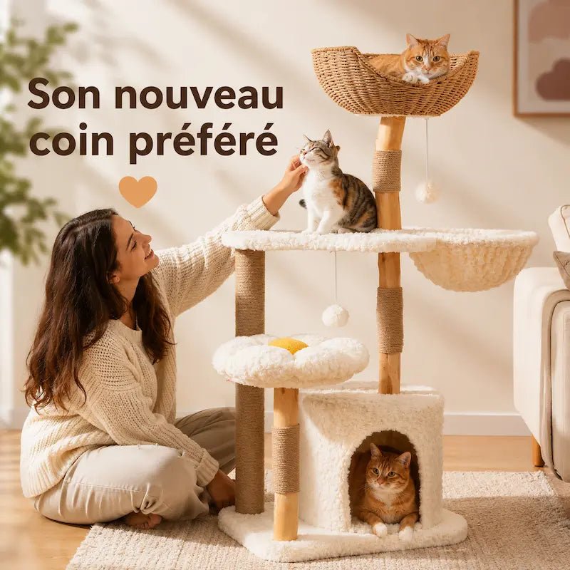 Femme caressant un chat sur l'arbre à chat bois massif Felys, chat roux dans le condo