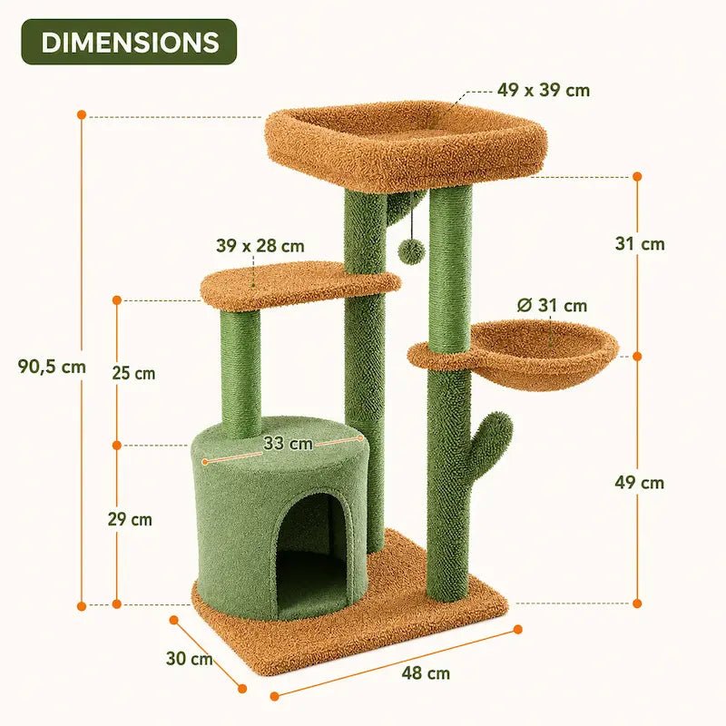 Dimensions de l'arbre à chat cactus FeliNest : 90,5 cm de haut, base 48 × 30 cm