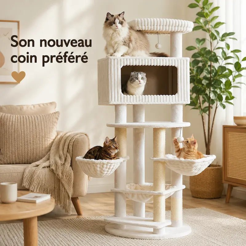 Chats installés sur l'arbre à chat XXL Feliora blanc dans un salon cosy