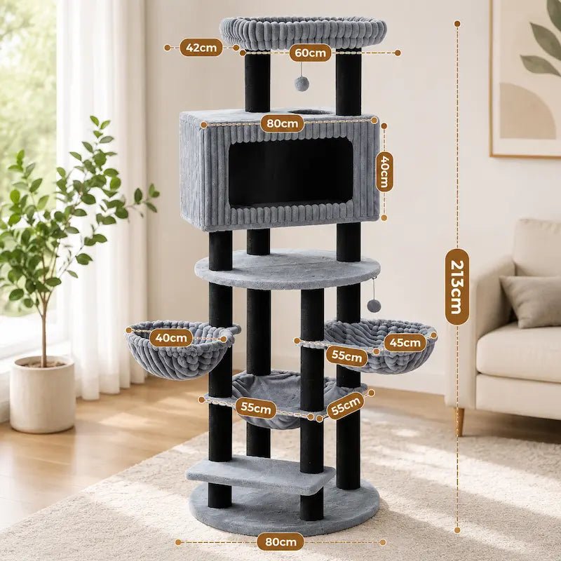 Dimensions de l'arbre à chat condo spacieux Feliora : 213 cm de haut, condo de 80 cm