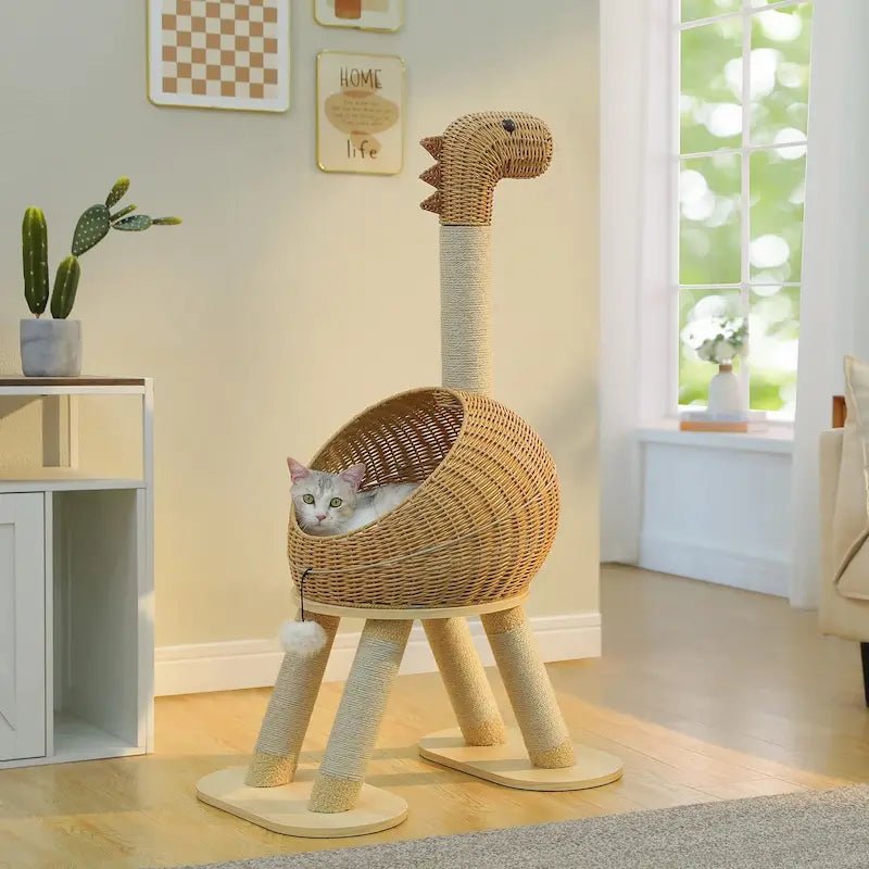 Arbre à chat dinosaure DinoCat en osier tressé avec chat dans le panier rond