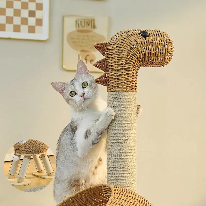 Chat qui griffe le cou en sisal de l'arbre à chat dinosaure DinoCat