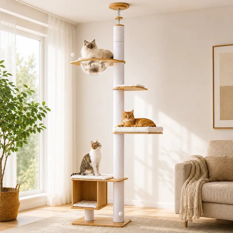Trois chats installés sur les plateformes de l'arbre à chat du sol au plafond CatVera