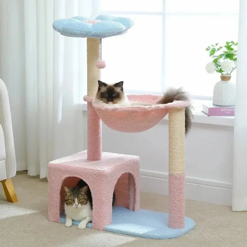 Arbre à chat fleur Feliflora rose et bleu, chats dans le hamac et le condo