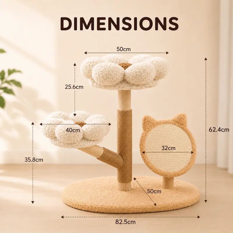 Dimensions de l'arbre à chat floral FloraNest : 62,4 cm de haut, base de 82,5 cm