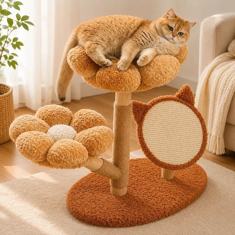 Chat roux allongé sur l'arbre à chat floral en bois massif, version marron