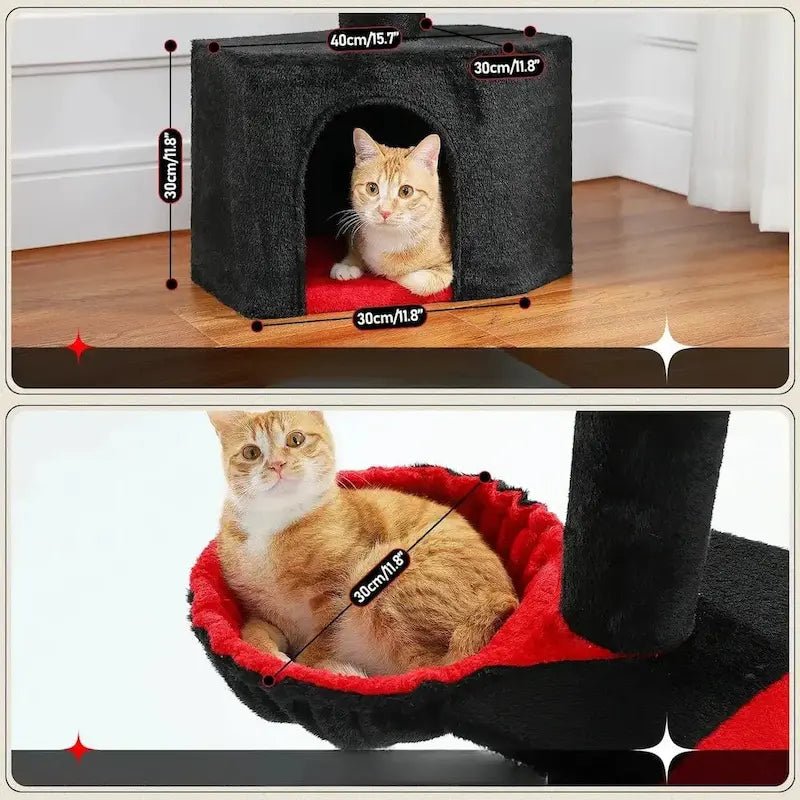 Chat dans la niche et le panier noir et rouge de l'arbre à chat gothique Felinoir