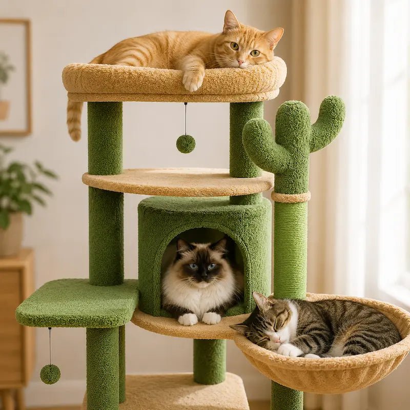 Chats dans le grand panier, la niche et sur la plateforme de l'arbre à chat cactus Chataya