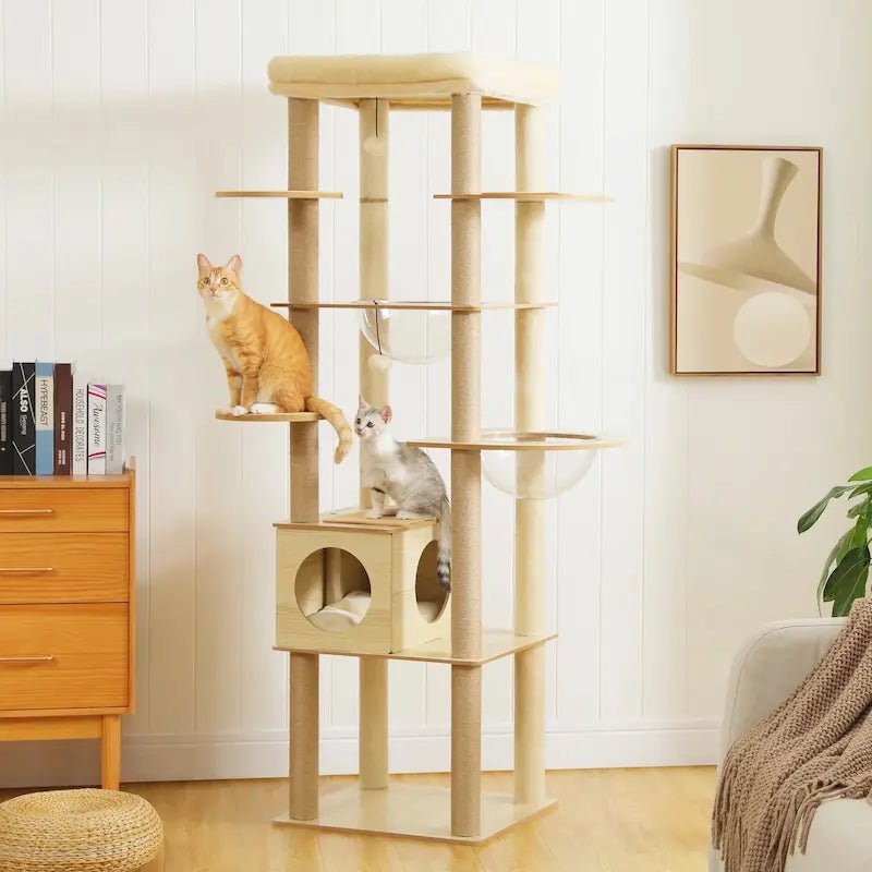 Arbre à chat intérieur bois NatureCat 180 cm avec capsules, niche cubique et chats