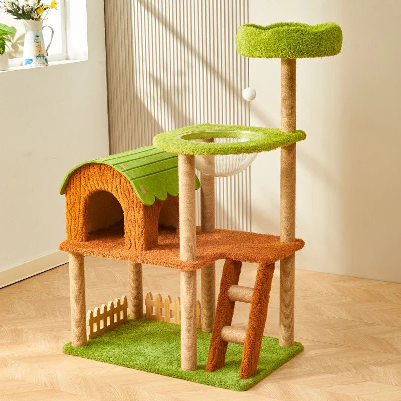 Arbre à chat Jungle Paradis Nekko : maisonnette toit feuille, échelle, capsule et perchoir vert