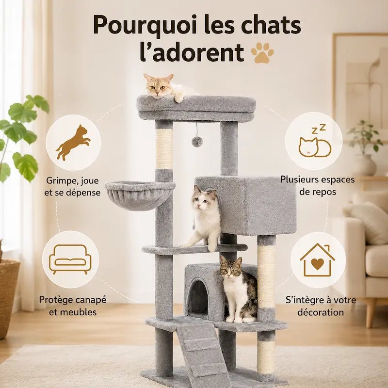 Arbre à chat luxe : grimpe et jeu, plusieurs espaces de repos, protège canapé et meubles