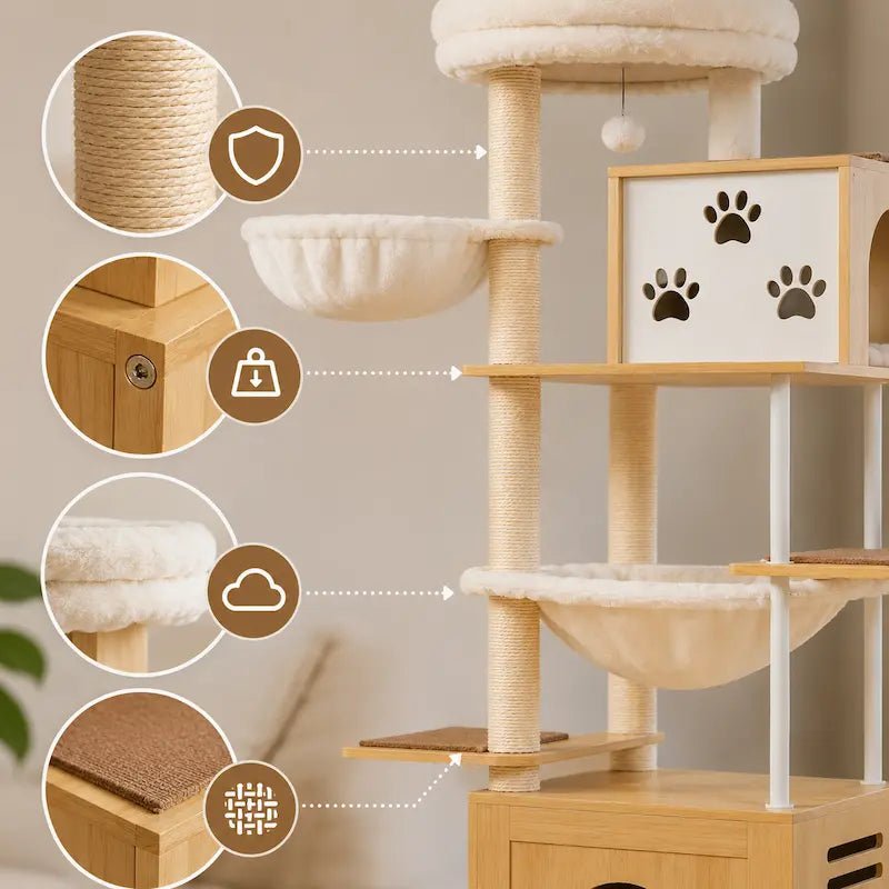 Détails de l'arbre à chat meuble : poteaux en sisal, meuble en bois, hamac et griffoir