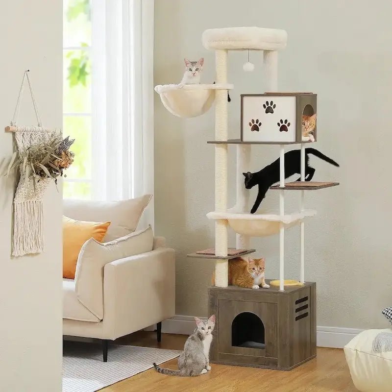 Arbre à chat meuble 7 niveaux Félihaus avec meuble de rangement, niche, hamacs et chats