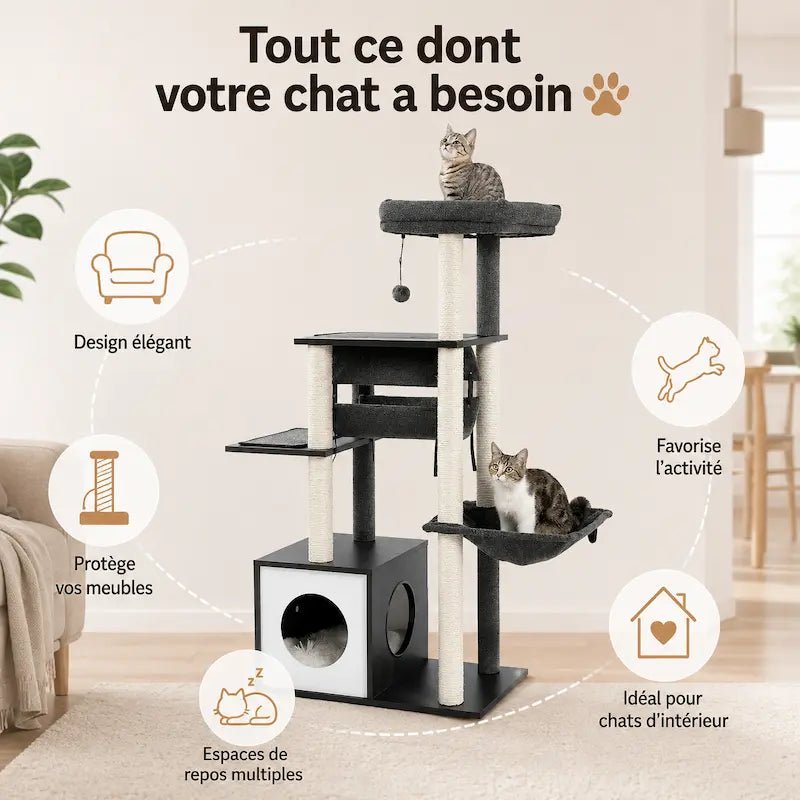 Arbre à chat moderne en bois : design élégant, protège vos meubles, espaces de repos multiples