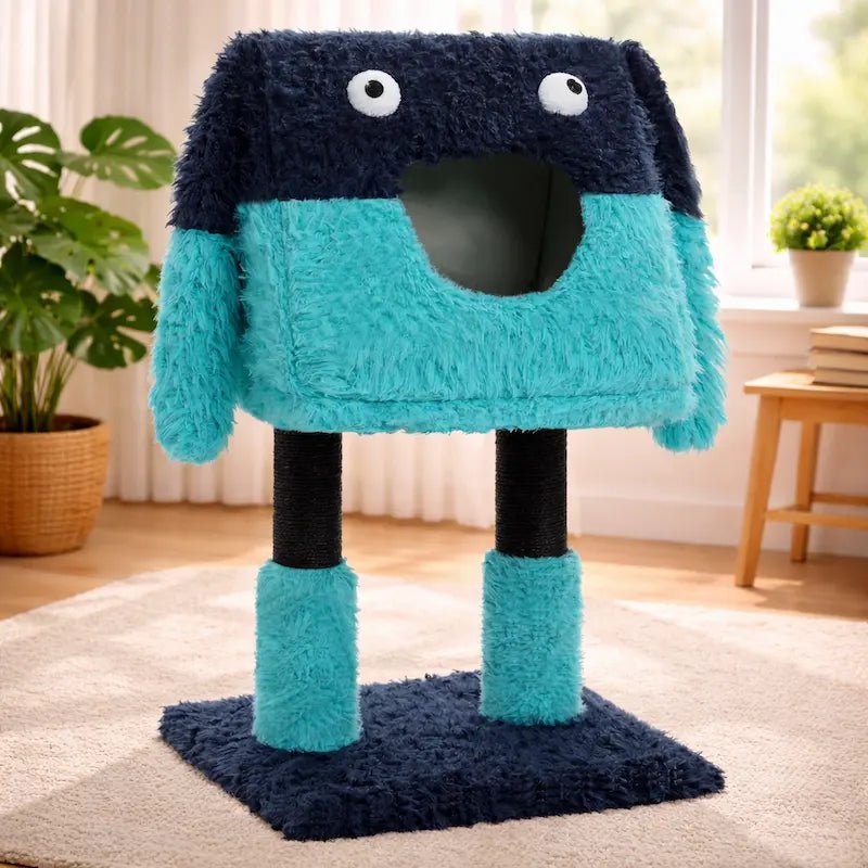 Arbre à chat Monster ludique en peluche bleu marine et turquoise avec poteaux en sisal