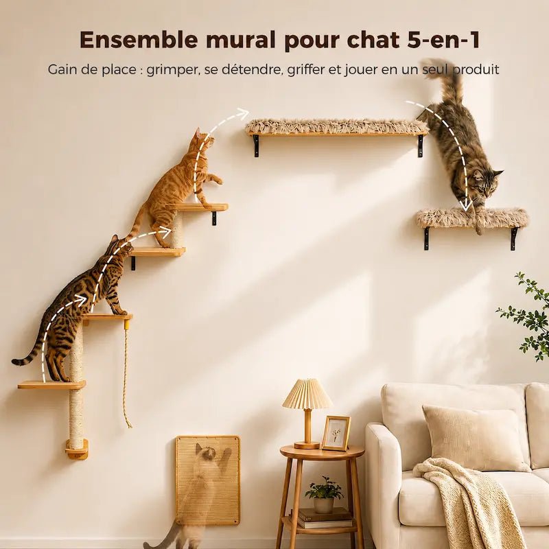 Ensemble mural pour chat 5-en-1 : parcours d'escalade, lits muraux et griffoir, gain de place