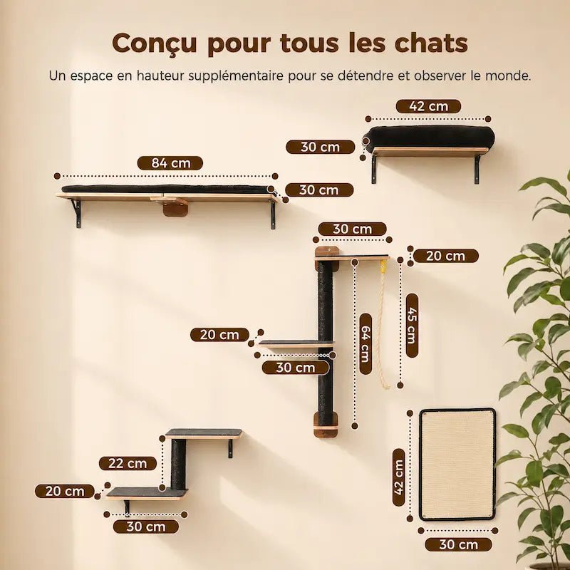 Dimensions des éléments de l'arbre à chat mural 5-en-1 PurrHouse : plateformes, marches et griffoir