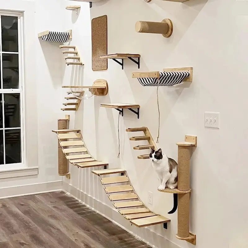 Arbre à chat mural complet avec pont suspendu, marches, hamac et poteau en sisal