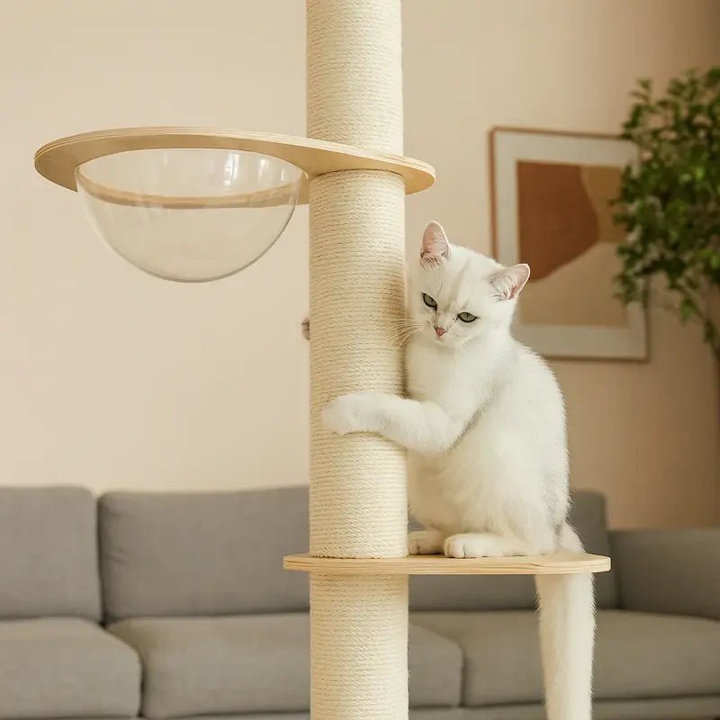 Chat blanc grimpant au poteau en sisal de l'arbre à chat plafond Mewparnasse