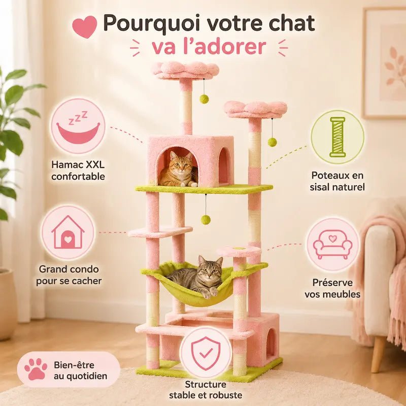 Arbre à chat rose : hamac XXL, grand condo, poteaux en sisal naturel, structure stable