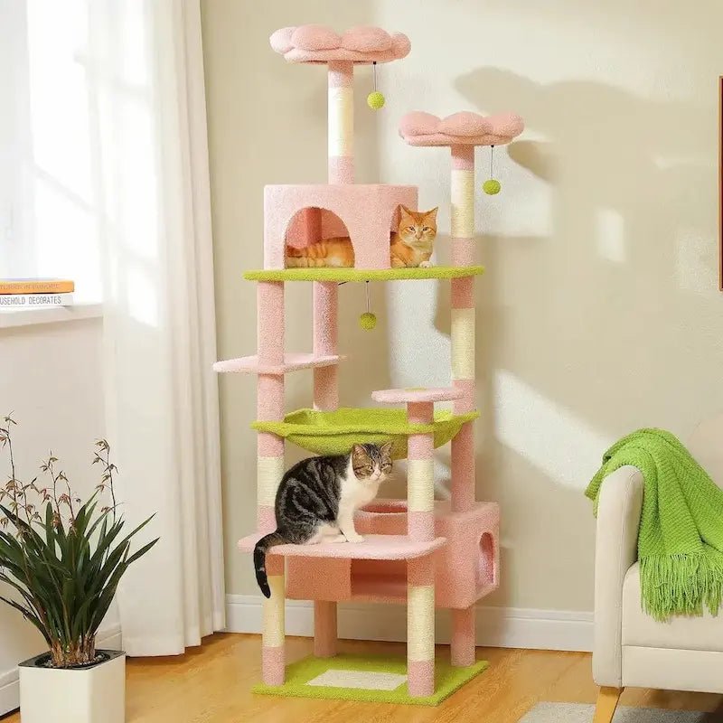 Arbre à chat rose Felirose avec perchoirs fleur, hamac vert, condo et chats