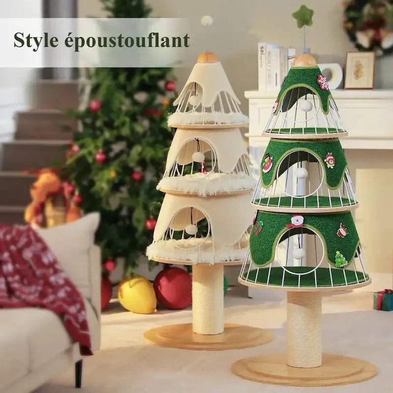 Arbre à chat sapin de Noël en version blanche et verte, style festif