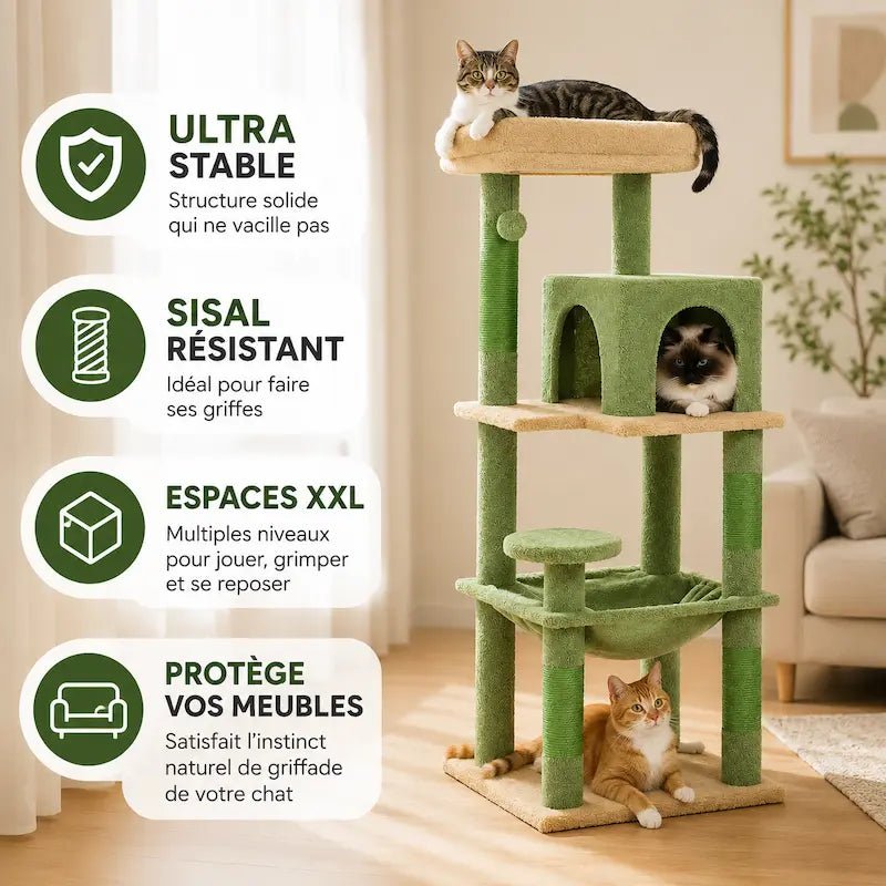 Arbre à chat solide : ultra stable, sisal résistant, espaces XXL, protège vos meubles