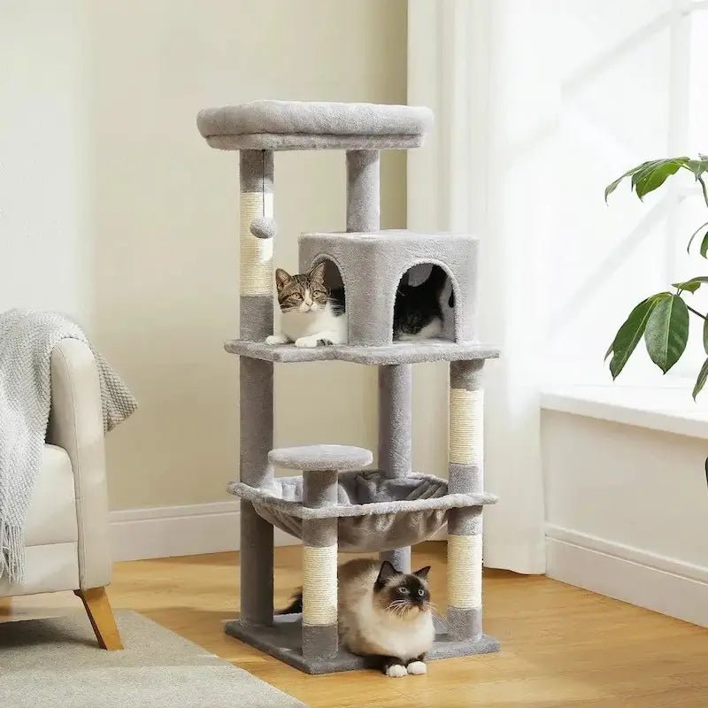 Arbre à chat solide Catfort gris avec niche, hamac et chats