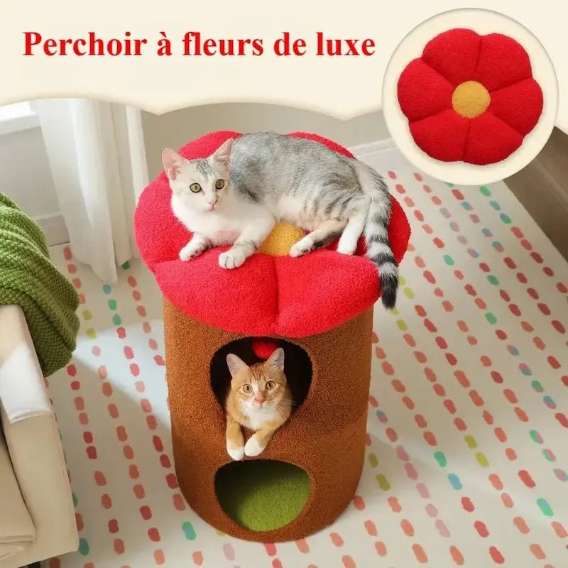 Chats sur le perchoir fleur rouge et dans le tonneau marron de l'arbre à chat Pawbarrel