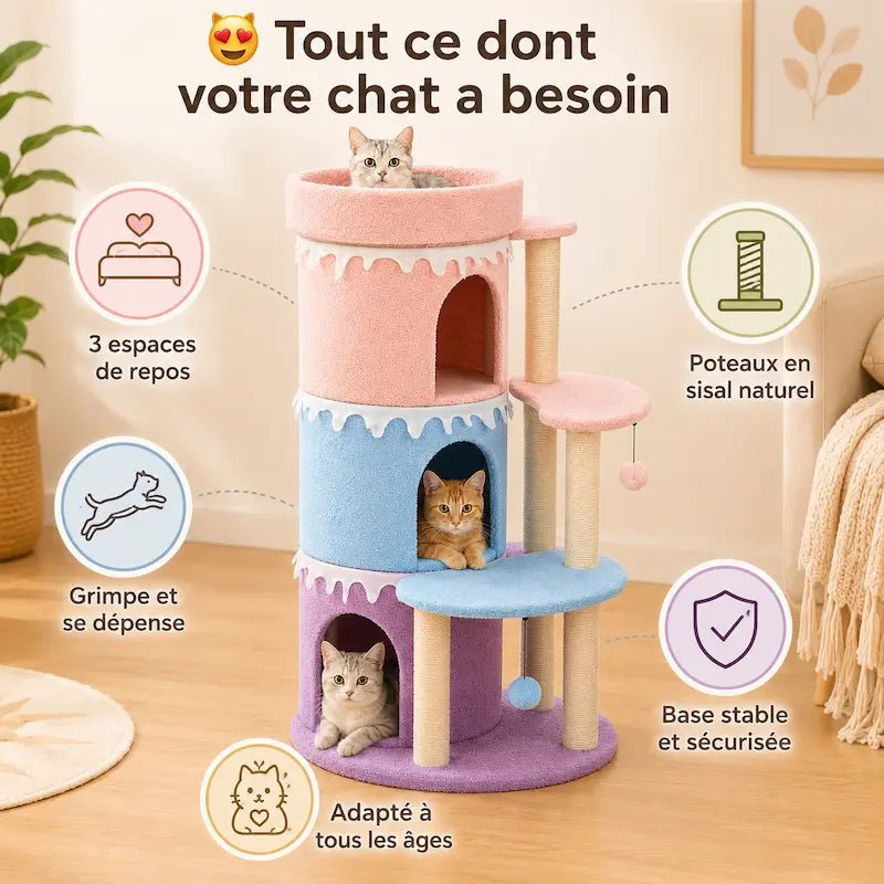 Arbre à chat tour : 3 espaces de repos, poteaux en sisal naturel, base stable et sécurisée