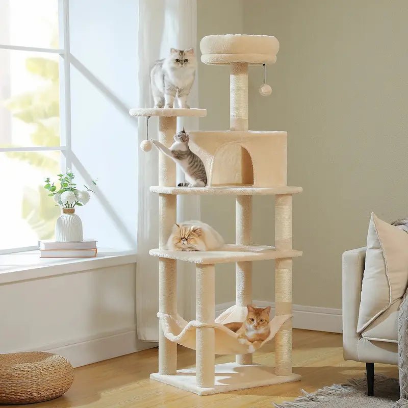 Arbre à chat tour multi-niveaux FéliTower beige avec hamac, niche et poteaux en sisal
