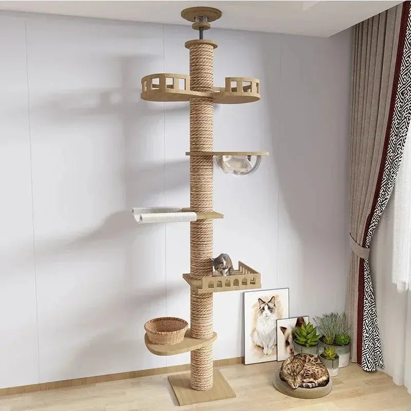 Arbre à chat XXL NativaCat en bois naturel avec panier, capsule transparente et balcons