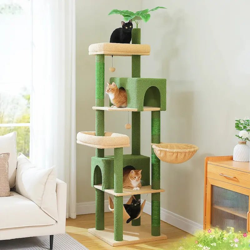 Arbre à chat XXL multi-niveaux FeliHome vert avec feuillage, niches, hamac et chats