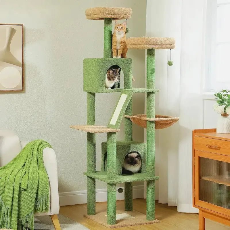 Arbre à chat XXL Pawtower vert avec condos, hamac, planche griffoir et chats
